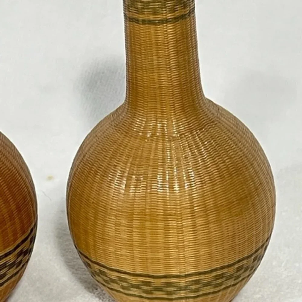Two Vintage Chinese blanc de chine porcelain bud vases with fine basket overlay